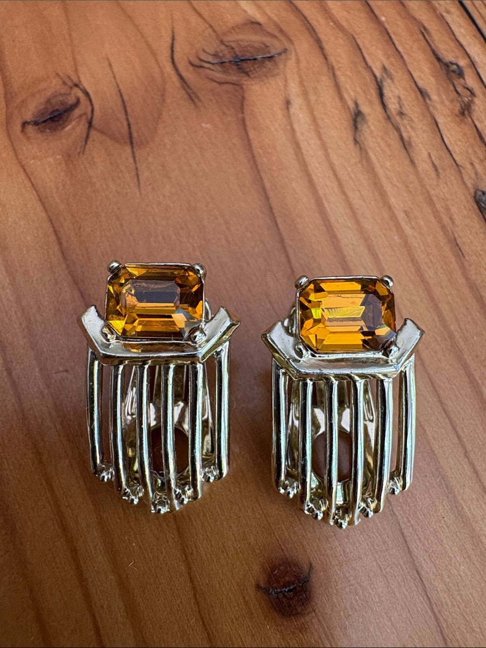Gold-Tone Earrings with Amber Stone and Fringe Drops
